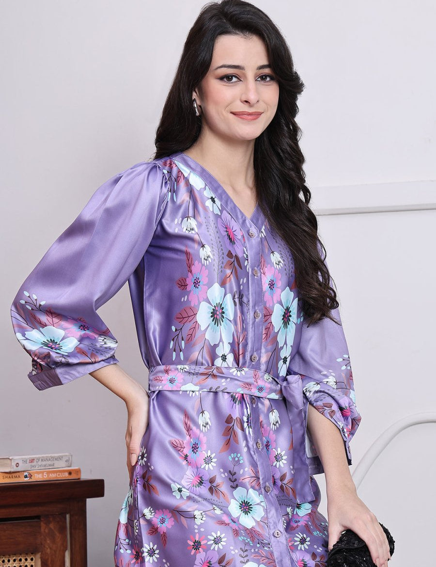 Floral Printed Above Knee Dress for Women - JND_1040Purple_XS
