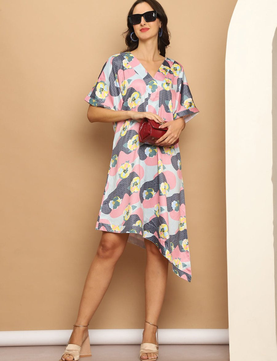Floral Printed Asymmetric Dress For Women - JND_1035Coral_XS