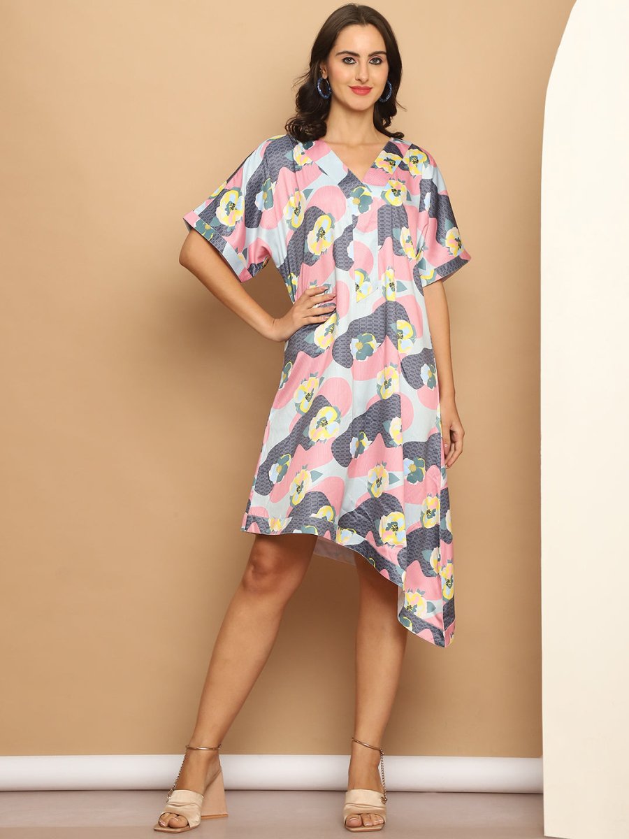 Floral Printed Asymmetric Dress For Women - JND_1035Coral_XS