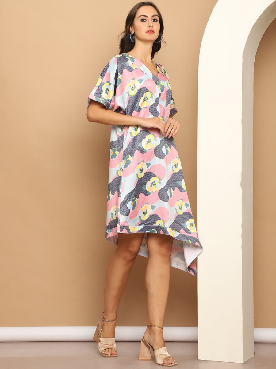 Floral Printed Asymmetric Dress For Women - JND_1035Coral_XS