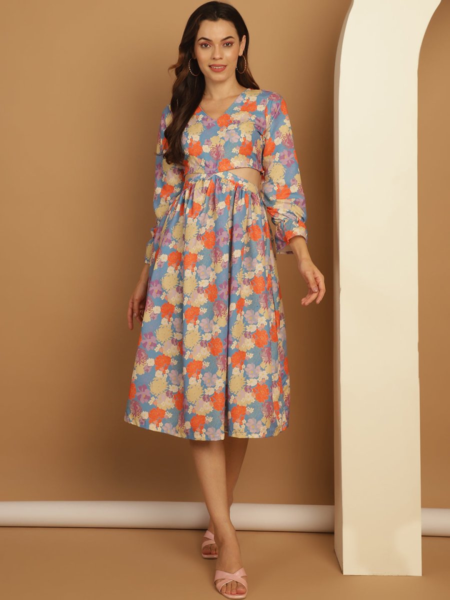 Floral Printed Dress - JND_1029Blue_XS