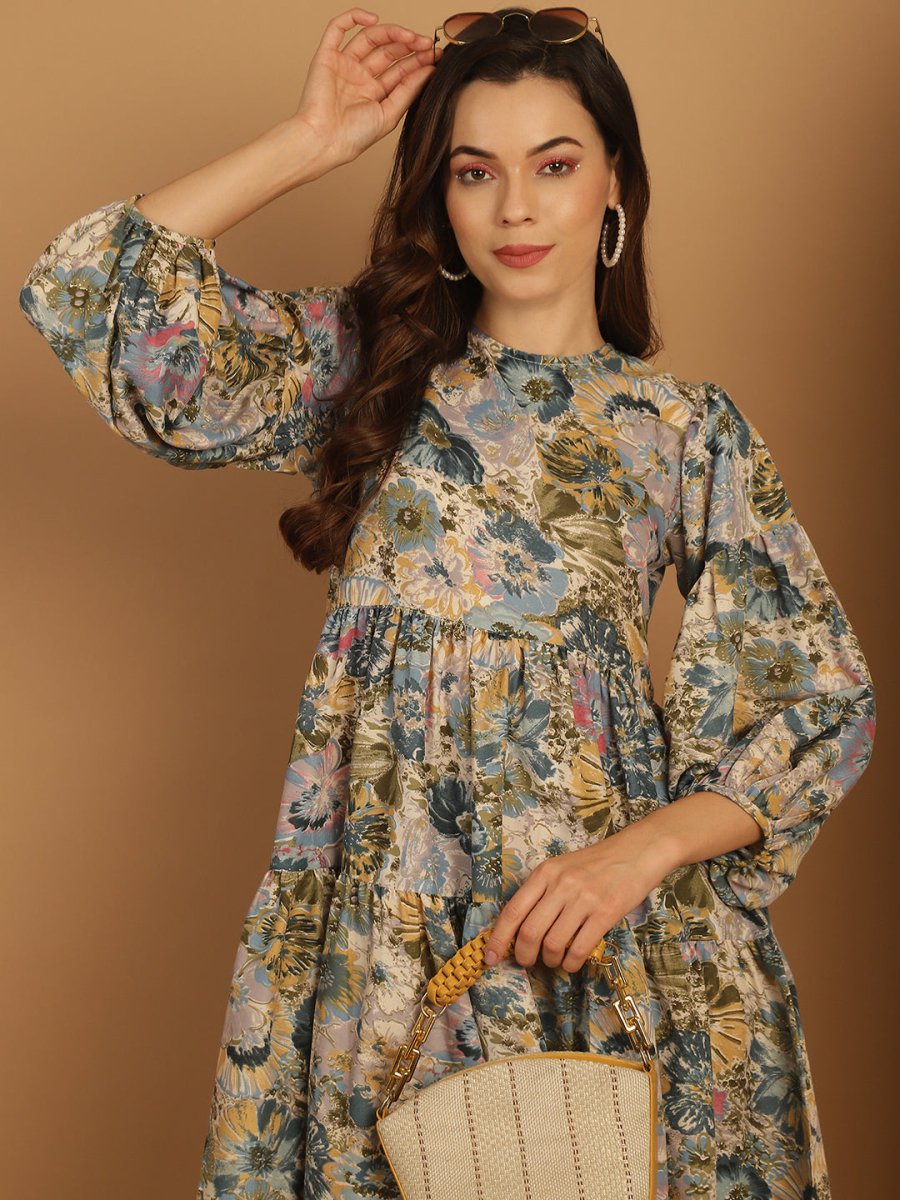 Floral Printed Puff Sleeve A-Line Dress - JND_1021Blue_XS