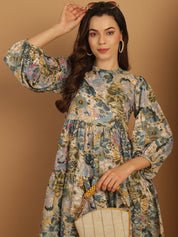 Floral Printed Puff Sleeve A-Line Dress - JND_1021Blue_XS