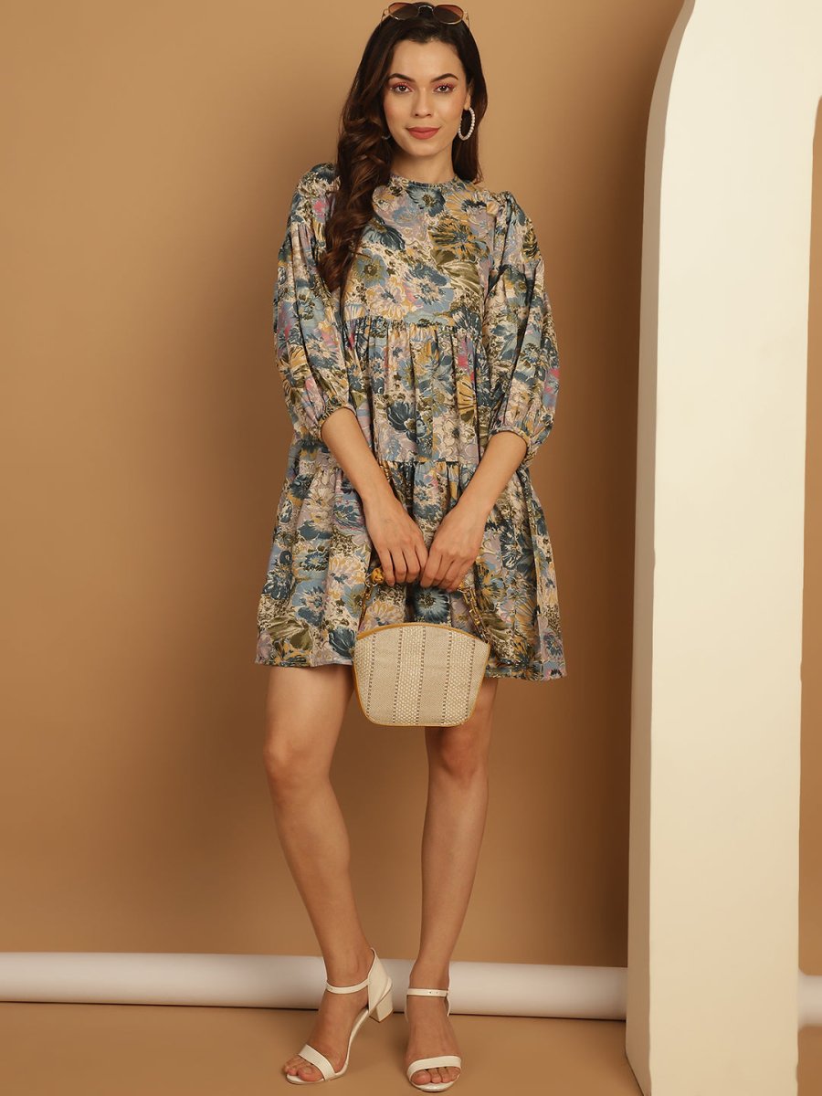 Floral Printed Puff Sleeve A-Line Dress - JND_1021Blue_XS