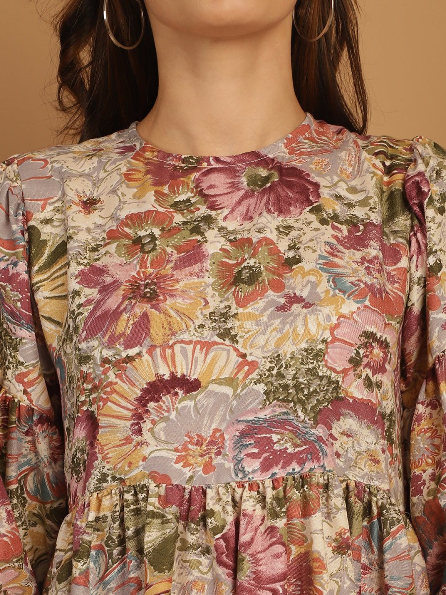 Floral Printed Puff Sleeve A-Line Dress - JND_1021Purple_XS