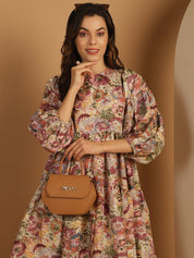 Floral Printed Puff Sleeve A-Line Dress - JND_1021Purple_XS