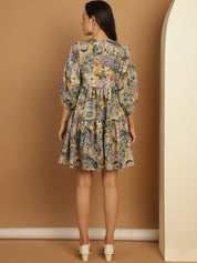 Floral Printed Puff Sleeve A-Line Dress - JND_1021Blue_XS