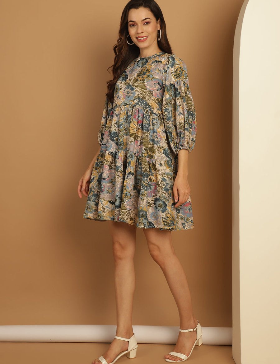 Floral Printed Puff Sleeve A-Line Dress - JND_1021Blue_XS