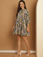 Floral Printed Puff Sleeve A-Line Dress - JND_1021Blue_XS