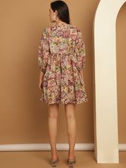 Floral Printed Puff Sleeve A-Line Dress - JND_1021Purple_XS