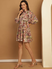 Floral Printed Puff Sleeve A-Line Dress - JND_1021Purple_XS