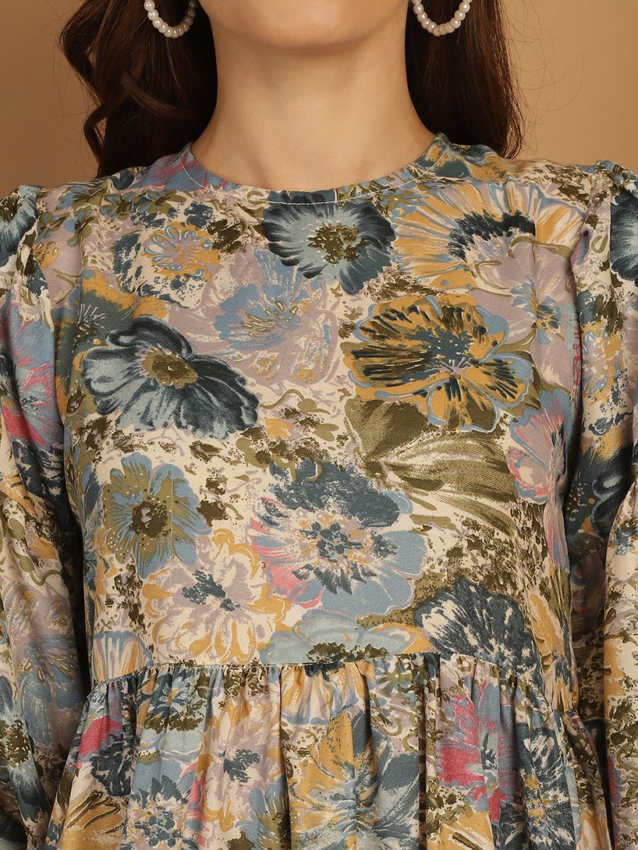 Floral Printed Puff Sleeve A-Line Dress - JND_1021Blue_XS