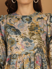 Floral Printed Puff Sleeve A-Line Dress - JND_1021Blue_XS