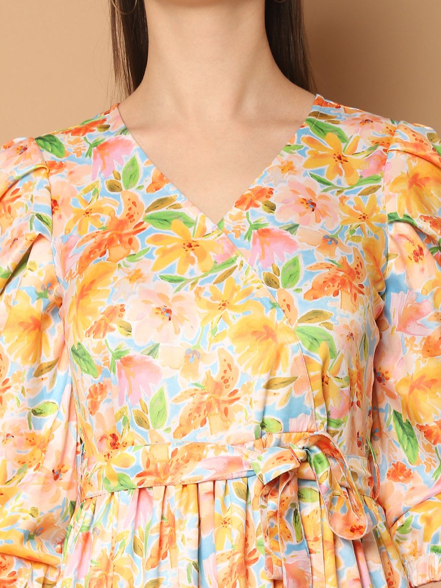 Floral Printed Puff Sleeves Midi Dress - JND_1033Yellow_XS