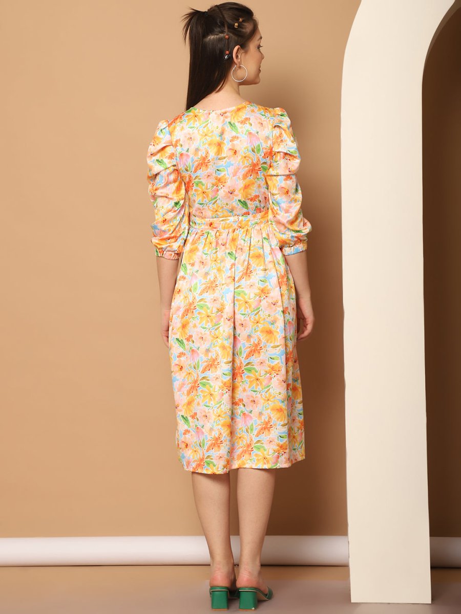 Floral Printed Puff Sleeves Midi Dress - JND_1033Yellow_XS