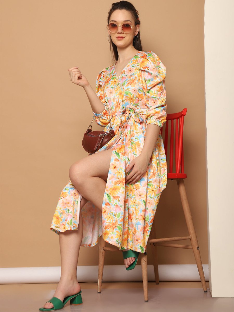 Floral Printed Puff Sleeves Midi Dress - JND_1033Yellow_XS