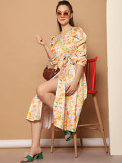 Floral Printed Puff Sleeves Midi Dress - JND_1033Yellow_XS