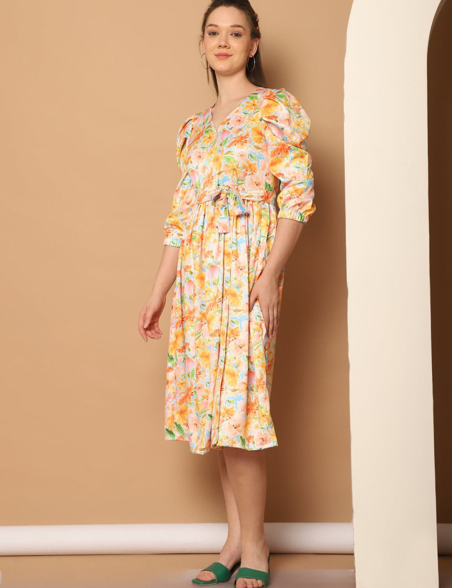 Floral Printed Puff Sleeves Midi Dress - JND_1033Yellow_XS