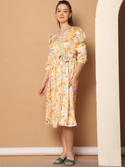 Floral Printed Puff Sleeves Midi Dress - JND_1033Yellow_XS