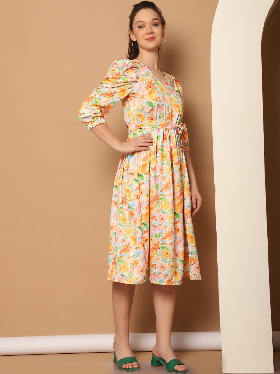 Floral Printed Puff Sleeves Midi Dress - JND_1033Yellow_XS