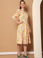 Floral Printed Puff Sleeves Midi Dress - JND_1033Yellow_XS