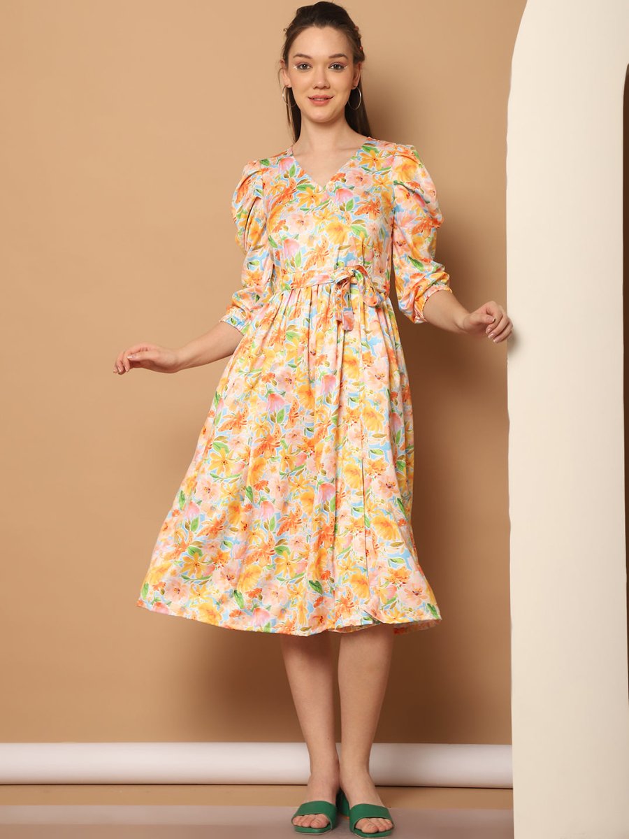 Floral Printed Puff Sleeves Midi Dress - JND_1033Yellow_XS