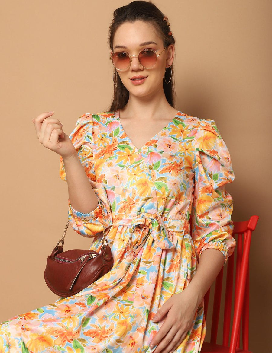Floral Printed Puff Sleeves Midi Dress - JND_1033Yellow_XS