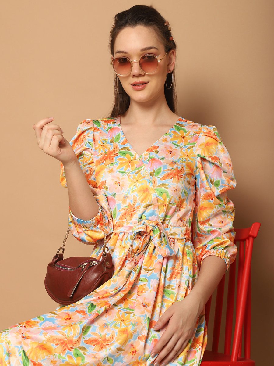 Floral Printed Puff Sleeves Midi Dress - JND_1033Yellow_XS