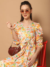 Floral Printed Puff Sleeves Midi Dress - JND_1033Yellow_XS