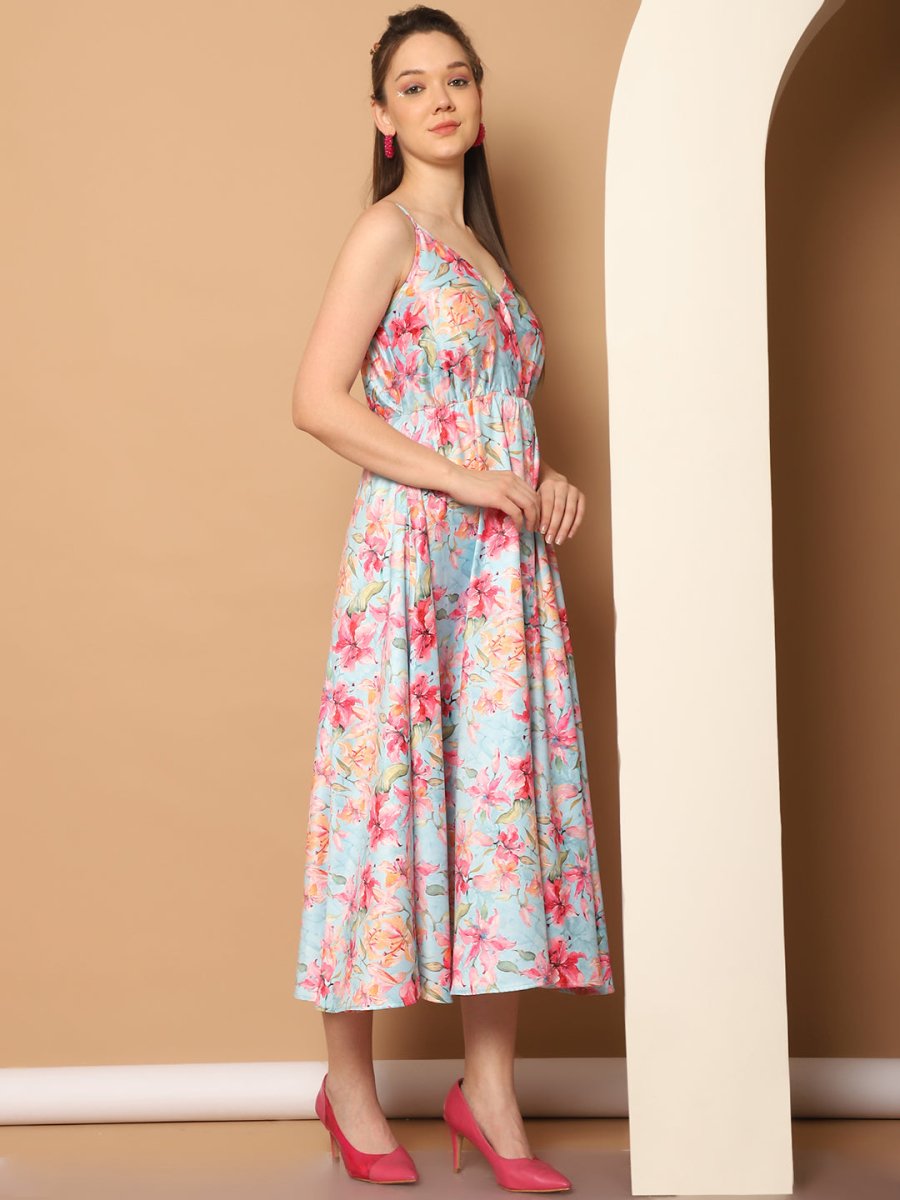 Floral Printed Shoulder Strap Maxi Dress - JND_1032Blue_XS