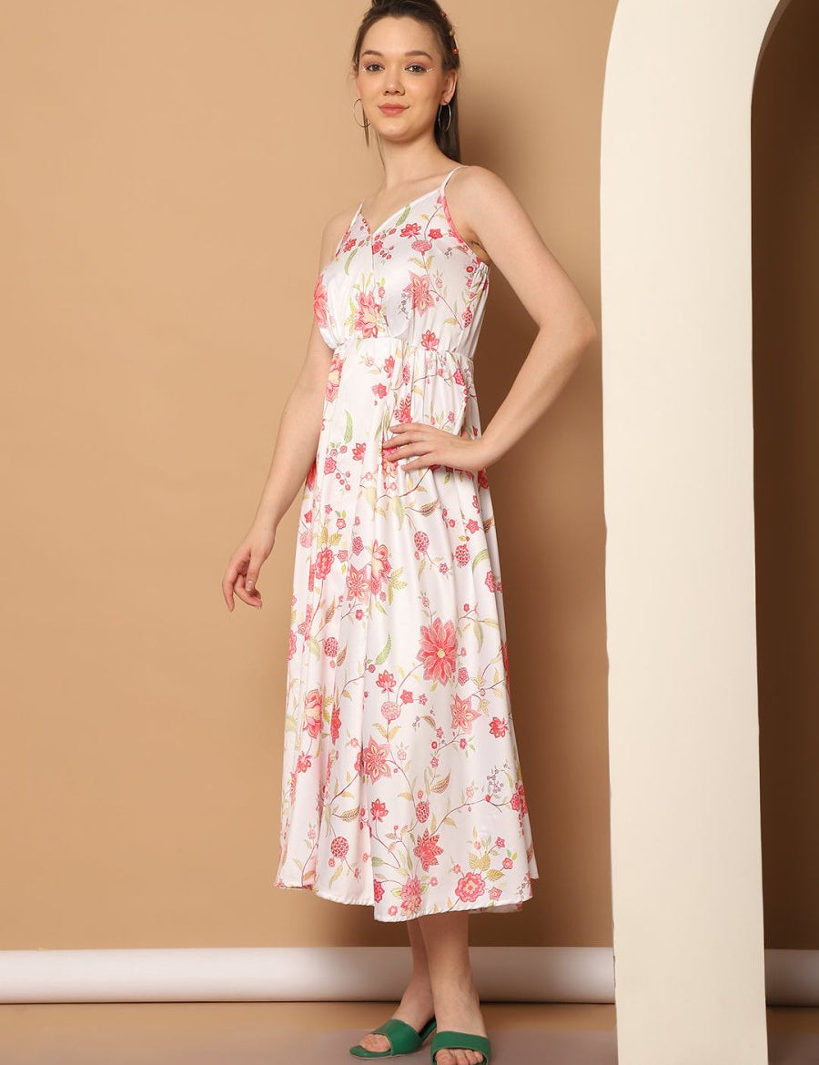 Floral Printed Shoulder Strap Maxi Dress - JND_1032White_XS