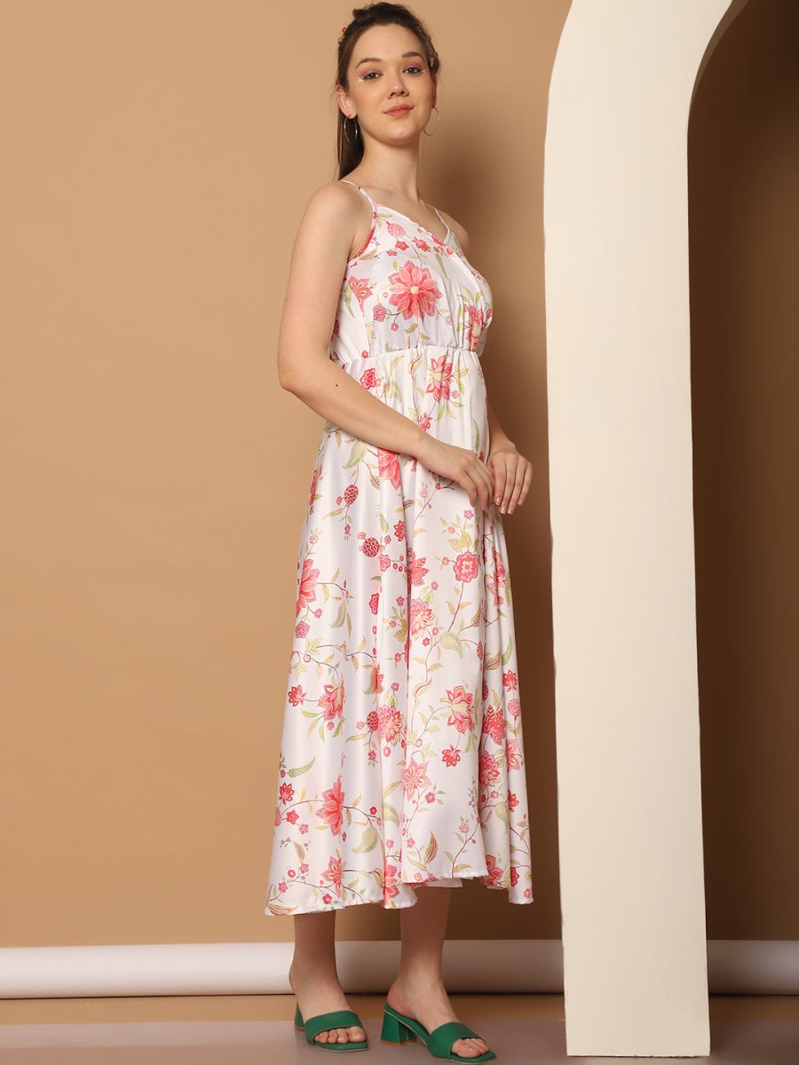 Floral Printed Shoulder Strap Maxi Dress - JND_1032White_XS