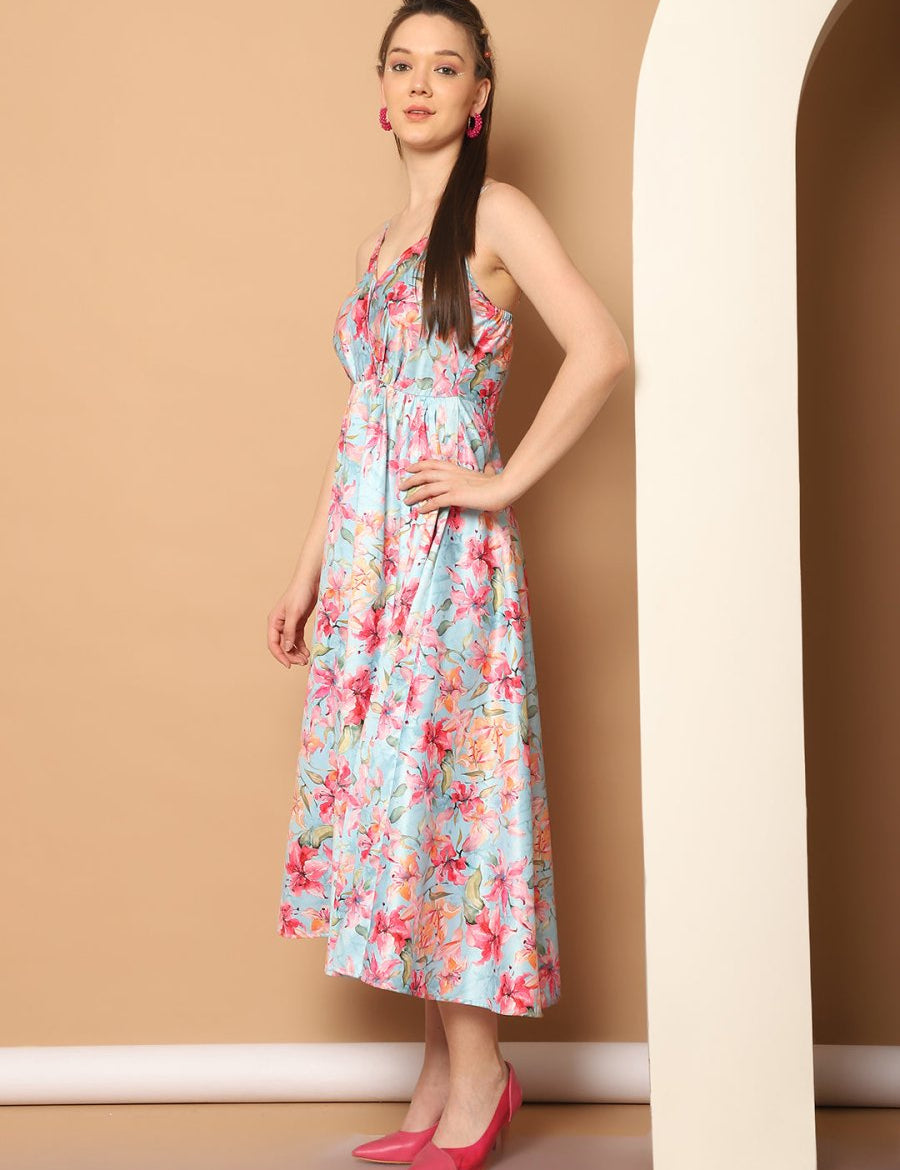 Floral Printed Shoulder Strap Maxi Dress - JND_1032Blue_XS