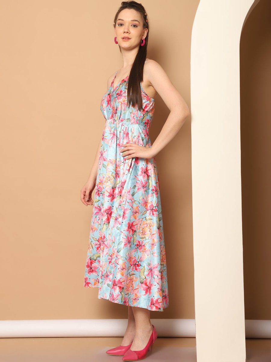 Floral Printed Shoulder Strap Maxi Dress - JND_1032Blue_XS
