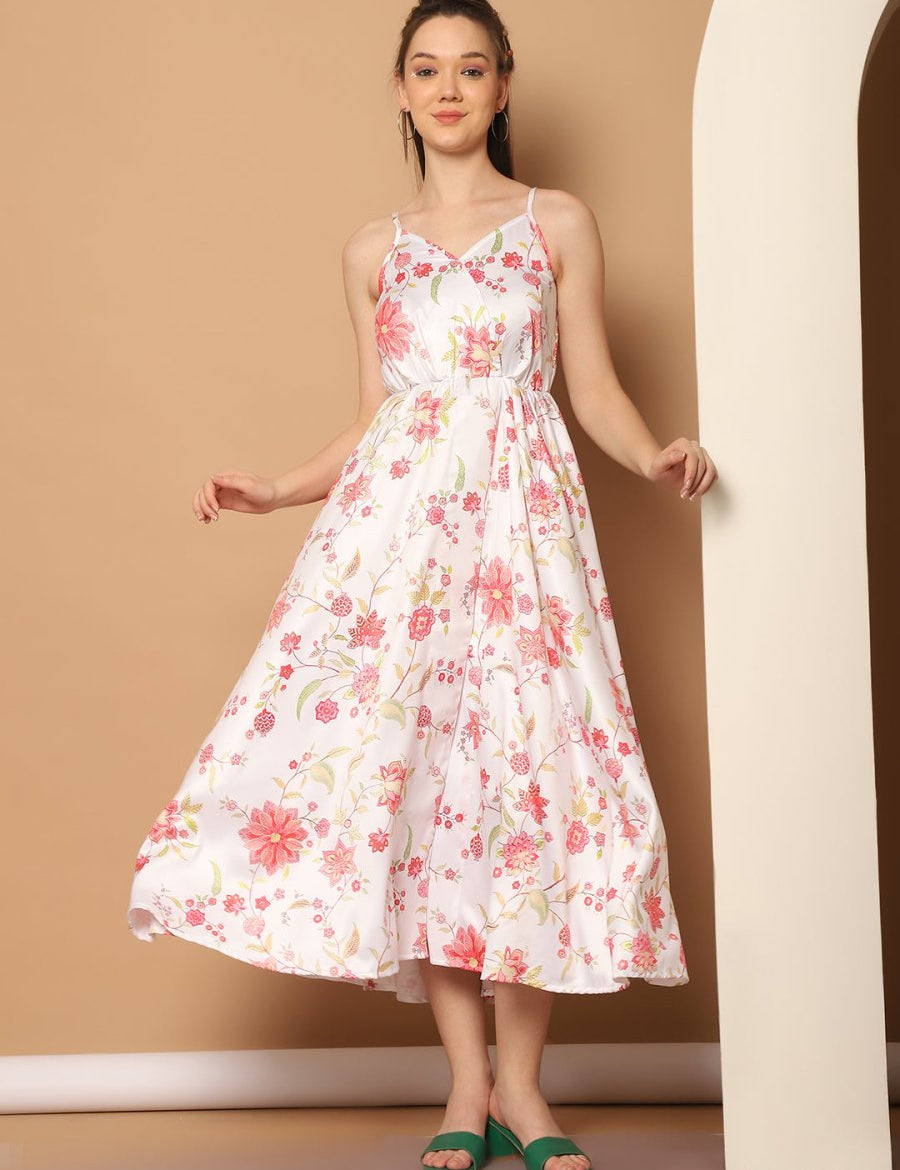 Floral Printed Shoulder Strap Maxi Dress - JND_1032White_XS