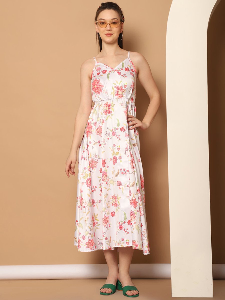 Floral Printed Shoulder Strap Maxi Dress - JND_1032White_XS