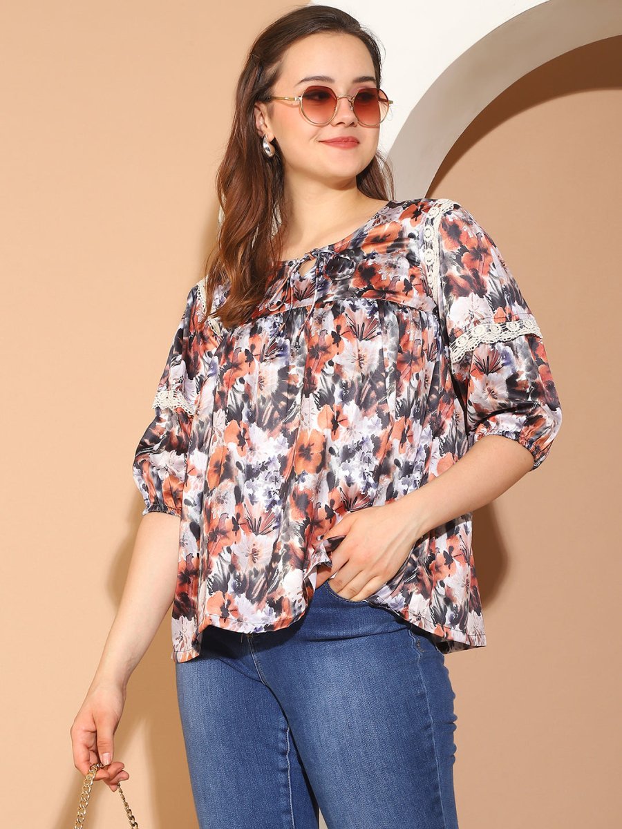 Floral Printed Top for Womens - JNT_2027Brown_XS