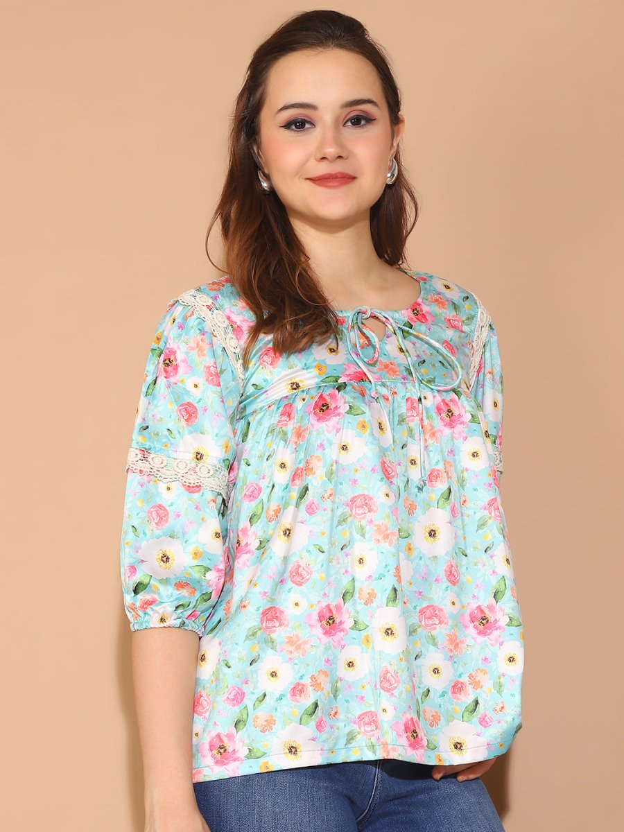 Floral Printed Top for Womens - JNT_2027Blue_XS