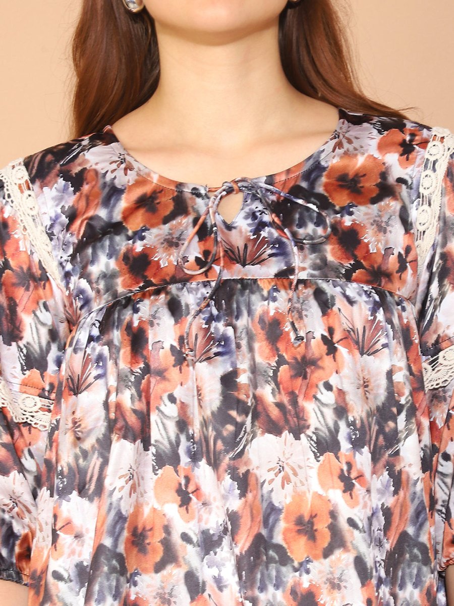 Floral Printed Top for Womens - JNT_2027Brown_XS