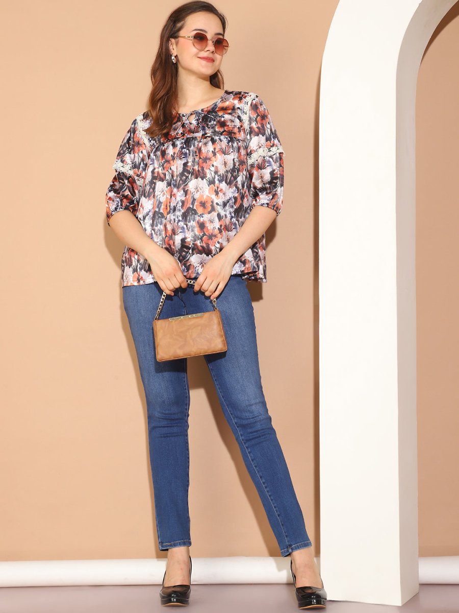Floral Printed Top for Womens - JNT_2027Brown_XS