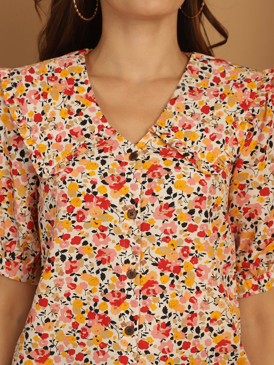 Floral Printed Women's Top - JNT_2022Orange_XS