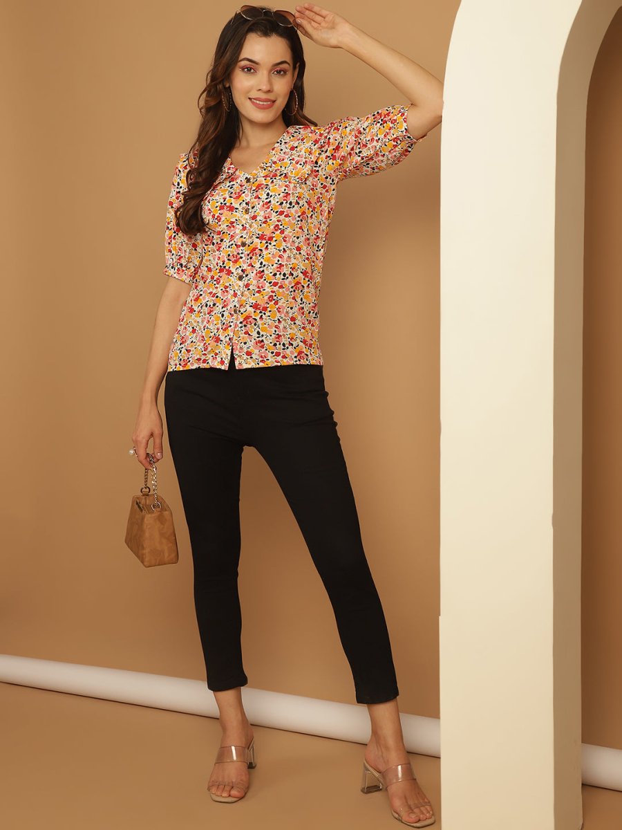 Floral Printed Women's Top - JNT_2022Orange_XS