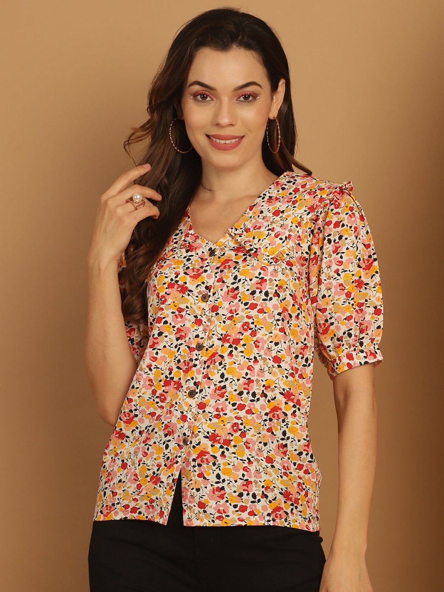 Floral Printed Women's Top - JNT_2022Orange_XS