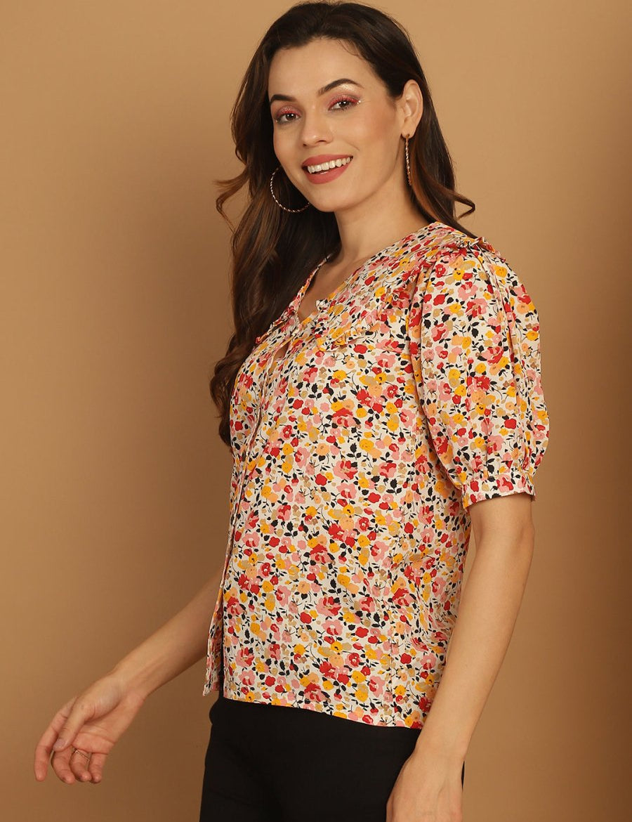 Floral Printed Women's Top - JNT_2022Orange_XS