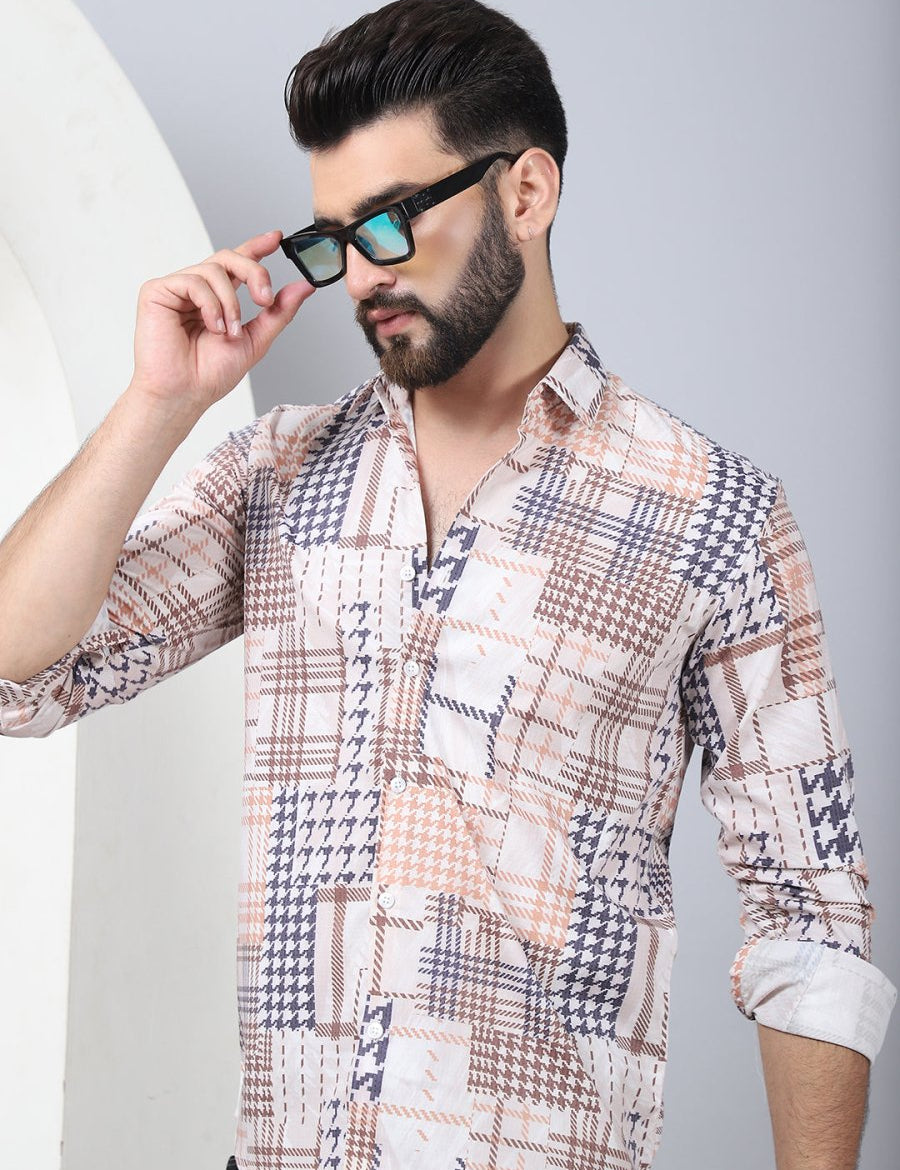 Geometric Printed Cotton Casual Shirt for Men - SF_969Brown_S