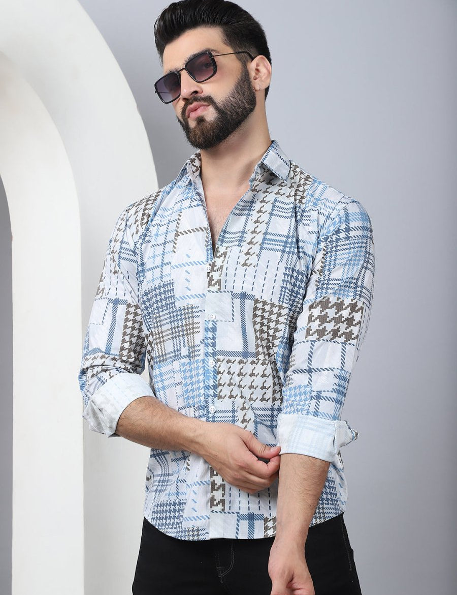 Geometric Printed Cotton Casual Shirt for Men - SF_969Blue_S