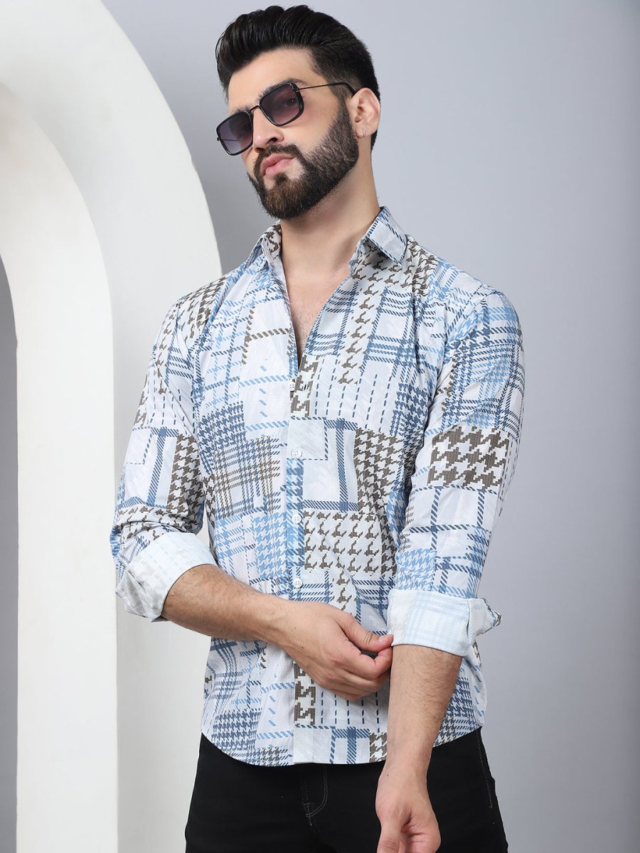 Geometric Printed Cotton Casual Shirt for Men - SF_969Blue_S