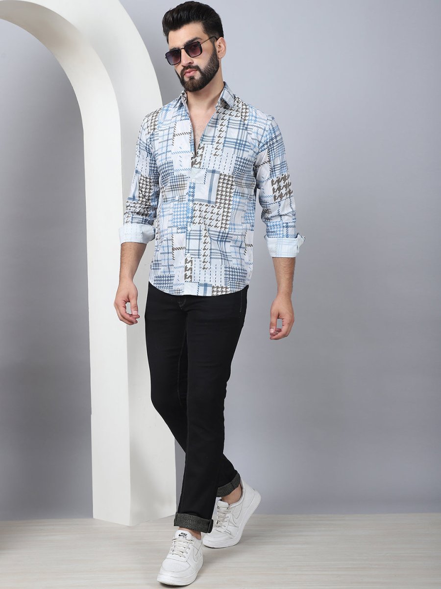 Geometric Printed Cotton Casual Shirt for Men - SF_969Blue_S
