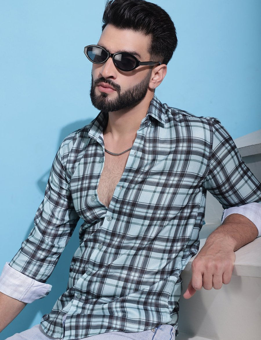 Green Checked Cotton Casual Shirt for Men - SF_942Green_S