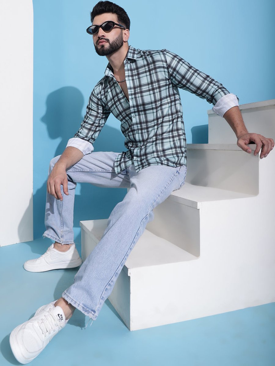 Green Checked Cotton Casual Shirt for Men - SF_942Green_S